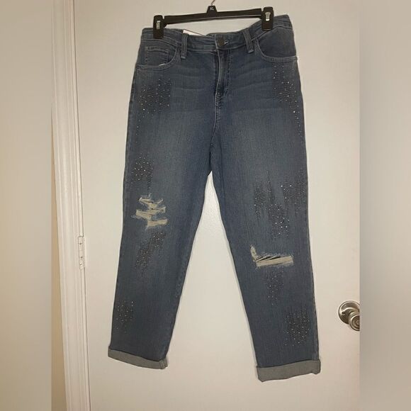 NWT Style& co Blue Beaded Embroidered Denim Distressed Boyfriend Jeans Size 8 - Picture 12 of 15